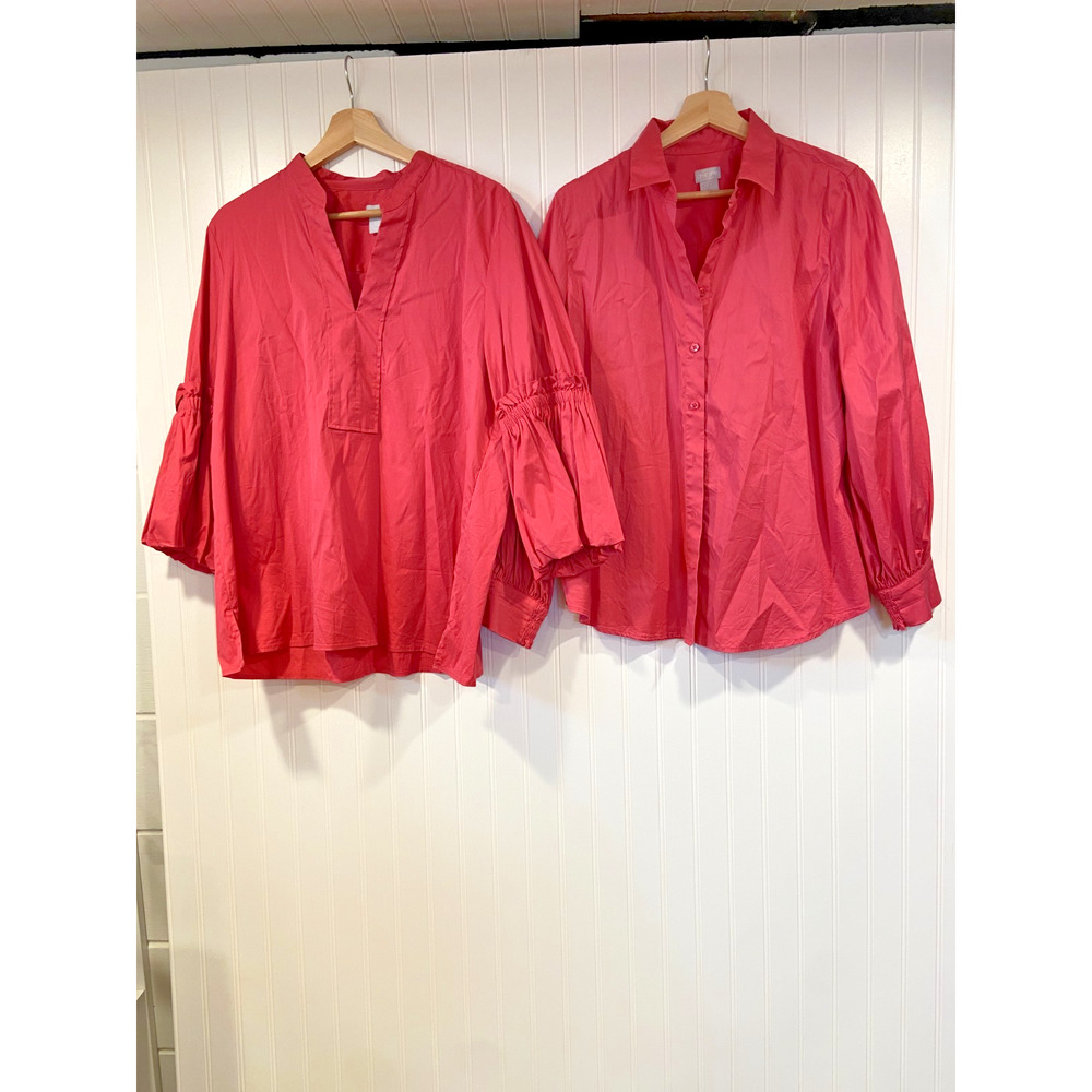 Chicos Women's Tops Size Large Solid Coral Pink Puff 3/4 Lined Sleeves Preppy